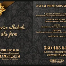 Grafika reklamowa z ofertą alkoholi dla firm, z hasłem 'Zaufaj Profesjonalistom!', numerem telefonu, adresem e-mail i logo firmy 'Al. Capone', na tle w ciemne ornamenty.