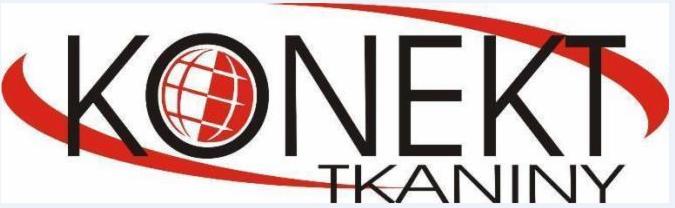 Logo firmy z nazwą 'KONEKT' i dopiskiem 'TKANINY', z grafiką stylizowanej kuli ziemskiej w okręgu i czerwonym akcentem graficznym nad i pod napisem.