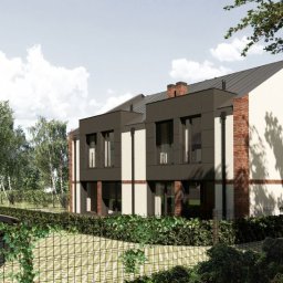Odomo.pl Sp. z o.o. - Wizualizacja szeregu nowoczesnych domów z elementami cegły, ciemnymi panelami i jasnymi ścianami, otoczonych zielenią. Widok z poziomu gruntu.