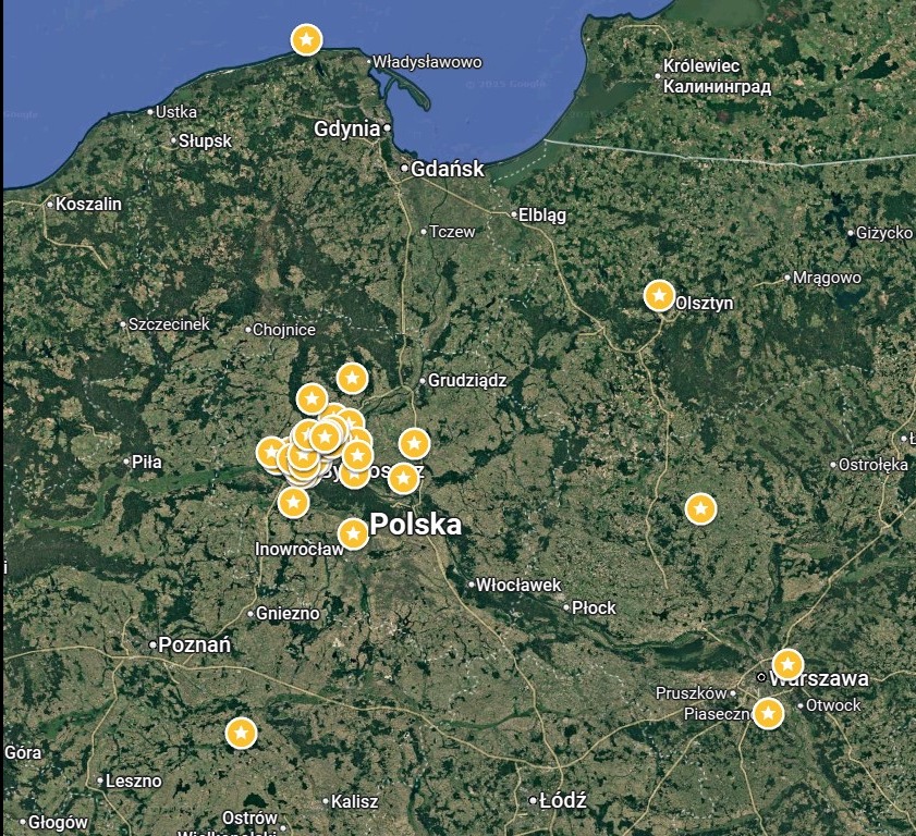 Mapa Polski z zaznaczonymi lokalizacjami, prawdopodobnie punktami usługowymi. Widoczne miasta: Gdańsk, Warszawa, Poznań, Łódź, Bydgoszcz i inne.