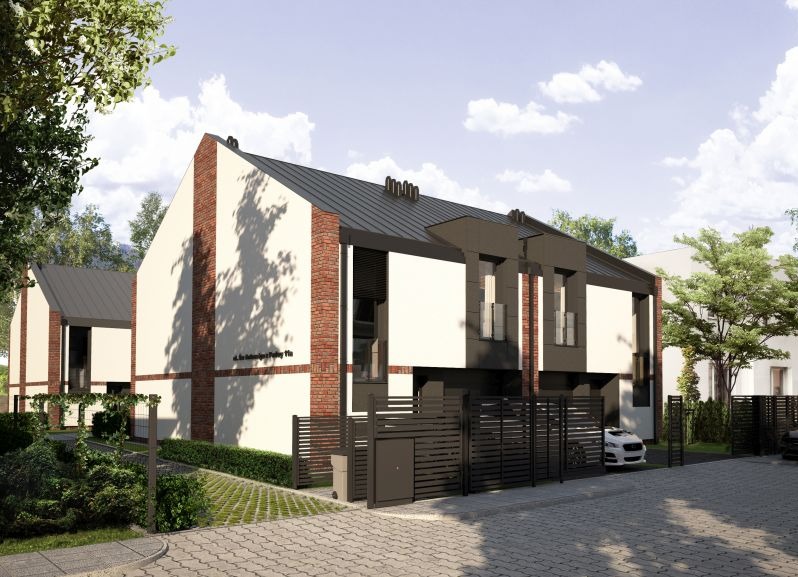 Wizualizacja szeregu nowoczesnych domów z białymi ścianami, ceglanymi elementami i grafitowymi dachami, otoczonych zielenią i ogrodzeniem. Widoczny podjazd i samochód.