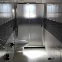 Wnętrze wykończonej łazienki z kabiną prysznicową ze szkła matowego, białą toaletą i poziomym pasem dekoracyjnych, ciemnych płytek z falistym wzorem na ścianie.