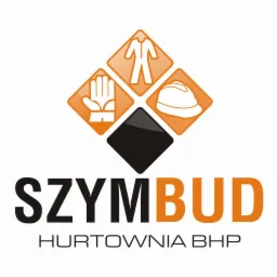 Logo firmy Szymbud Hurtownia BHP, zawierające graficzne symbole: kombinezonu, rękawicy roboczej i kasku budowlanego w pomarańczowych rombach.