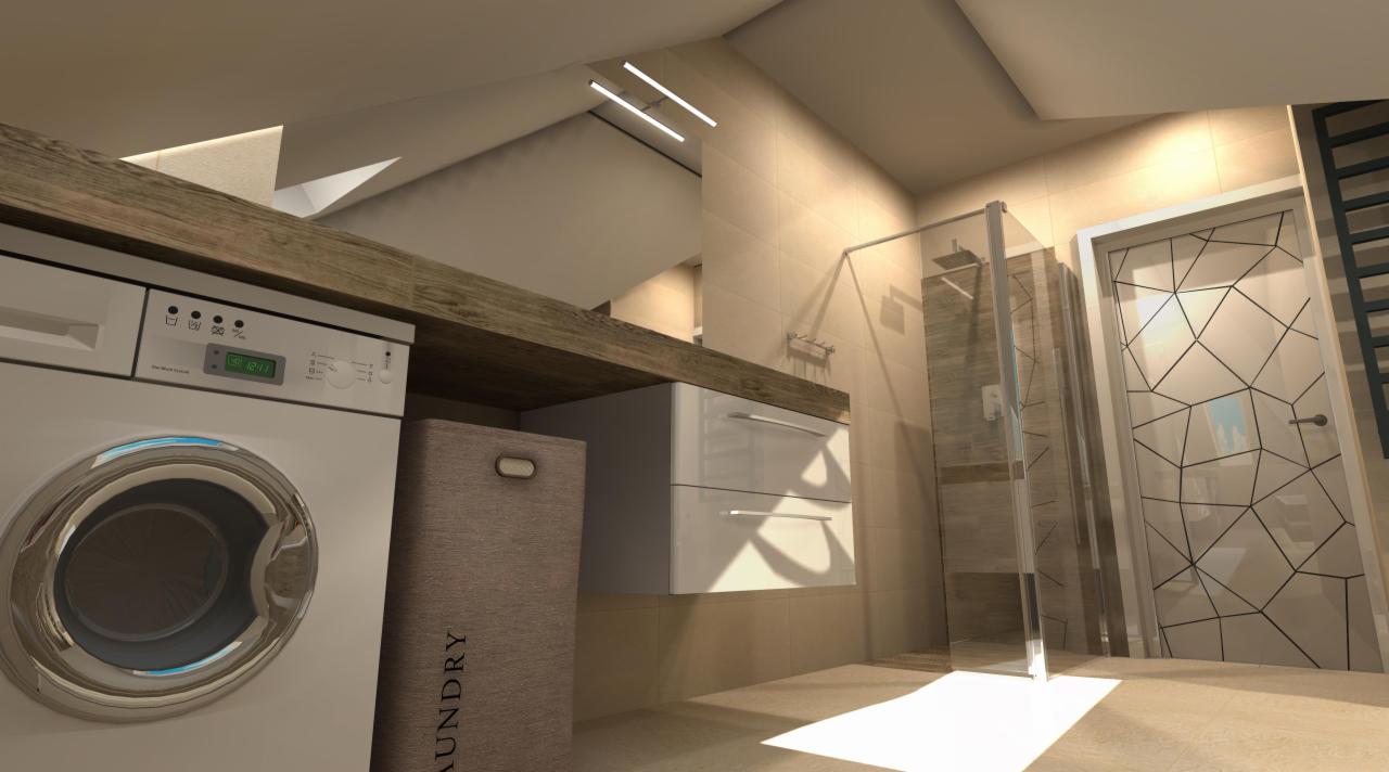 Nowoczesna łazienka w Warszawie z pralką pod drewnianym blatem, białą szafką z szufladami, koszem na pranie i kabiną prysznicową za szklaną ścianką.