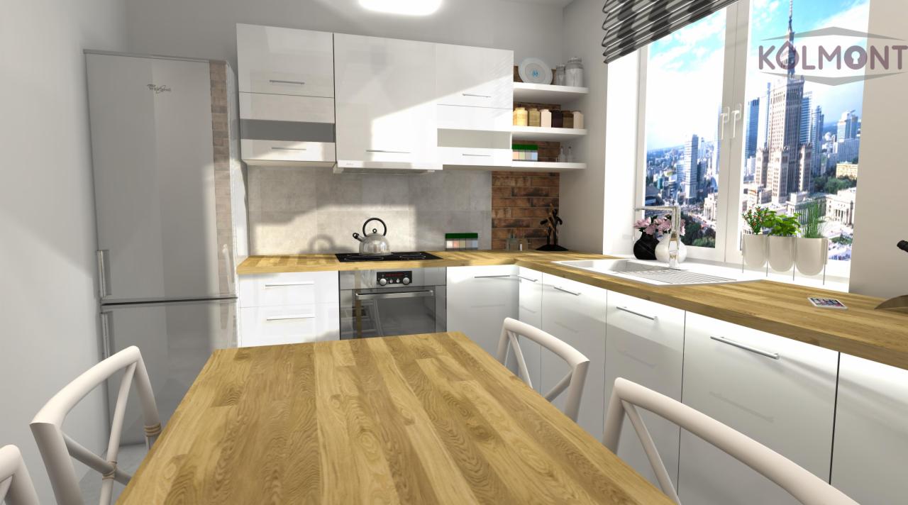 Wizualizacja nowoczesnej kuchni z białymi szafkami, drewnianym blatem i stołem z krzesłami, z widokiem na panoramę miasta przez okno.
