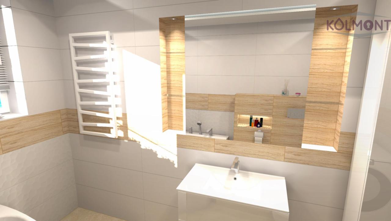 Wizualizacja łazienki z umywalką, lustrem z oświetleniem i grzejnikiem drabinkowym, wykończona płytkami w odcieniach bieli i drewna, z widocznym logo 'Kolmont' w prawym górnym rogu lustra.