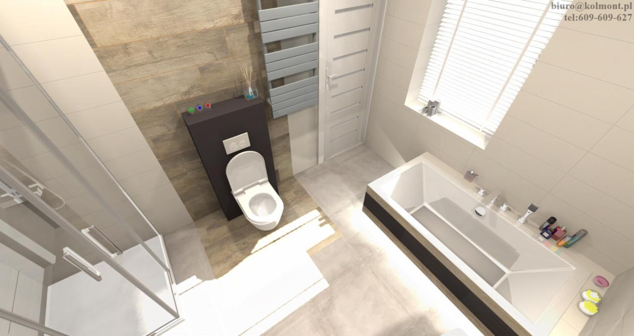 Wnętrze łazienki z kabiną prysznicową, toaletą typu Geberit, grzejnikiem drabinkowym i wanną z akcesoriami kosmetycznymi, wykończone płytkami w odcieniach beżu i brązu, z perspektywy z góry.