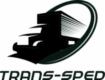 Czarno-białe logo firmy Trans-Sped z sylwetką ciężarówki w ruchu, umieszczone w owalu z dynamicznymi liniami symbolizującymi prędkość.