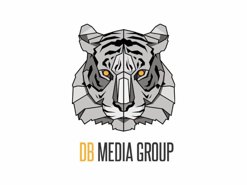 Geometryczna głowa tygrysa w odcieniach szarości z żółtymi oczami nad napisem 'DB MEDIA GROUP', logo firmy.