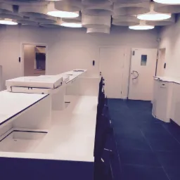 Nowoczesne wnętrze biurowe z podwieszanym sufitem z okrągłych lamp, białą ladą recepcyjną z pudełkami i ciemną podłogą z płytek.