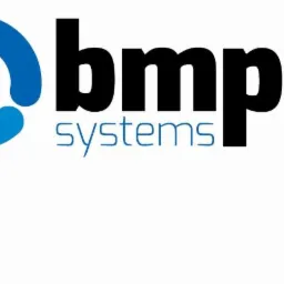 Logo firmy BMP systems z trzema niebieskimi elementami w kształcie łezki tworzącymi okrąg, obok czarny napis BMP i niebieski napis systems.