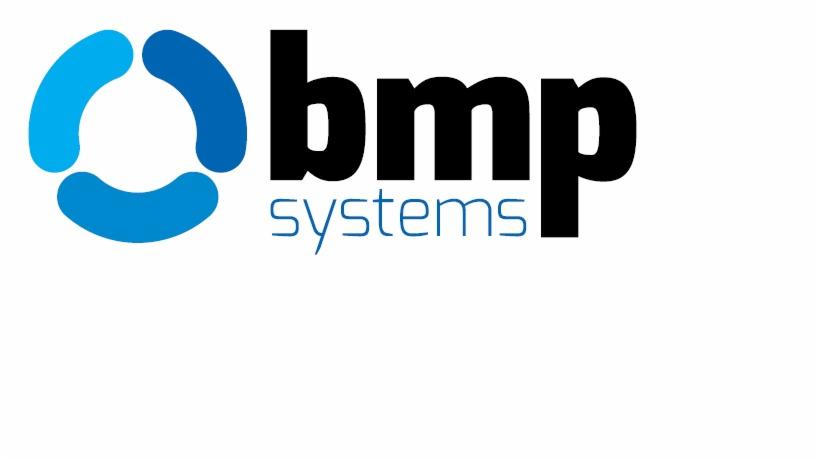 Logo firmy BMP systems z trzema niebieskimi elementami w kształcie łezki tworzącymi okrąg, obok czarny napis BMP i niebieski napis systems.