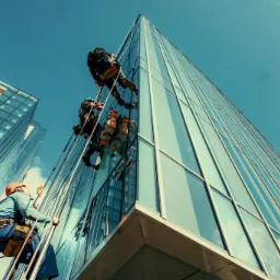 Pracownicy alpinistyczni myją okna wieżowca o szklanej fasadzie, widok z dołu, błękitne niebo w tle. Widoczne liny i sprzęt alpinistyczny.