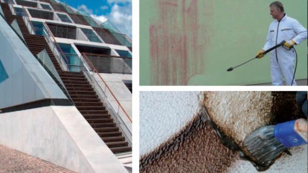 Kolaż: nowoczesny budynek z zewnętrznymi schodami, mężczyzna w kombinezonie czyszczący ścianę myjką ciśnieniową, detale czyszczenia powierzchni szczotką.