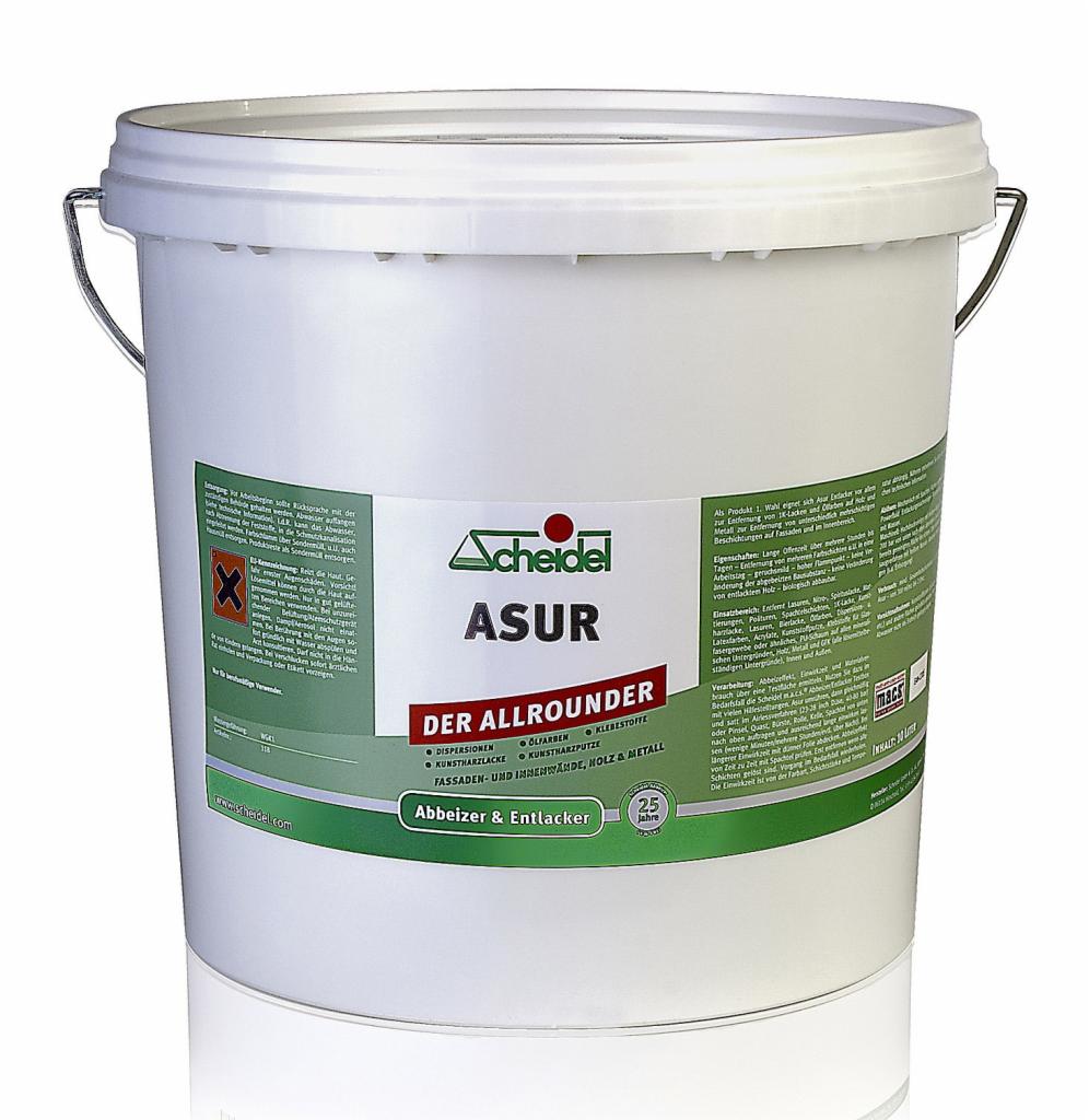 Białe wiadro z etykietą 'Scheidel ASUR', prezentujące produkt do usuwania farb i lakierów z fasad, ścian wewnętrznych, drewna i metalu. Na etykiecie widoczne logo firmy, nazwa produktu...