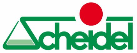 Zielone logo firmy Scheidel z czerwoną kulką nad napisem, obok stylizowana zlewka z zielonym płynem.