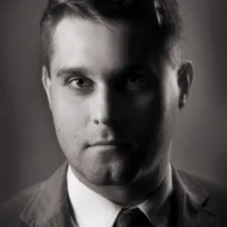 Portret biznesowy mężczyzny w garniturze i krawacie, oświetlonego z jednej strony, w czerni i bieli.