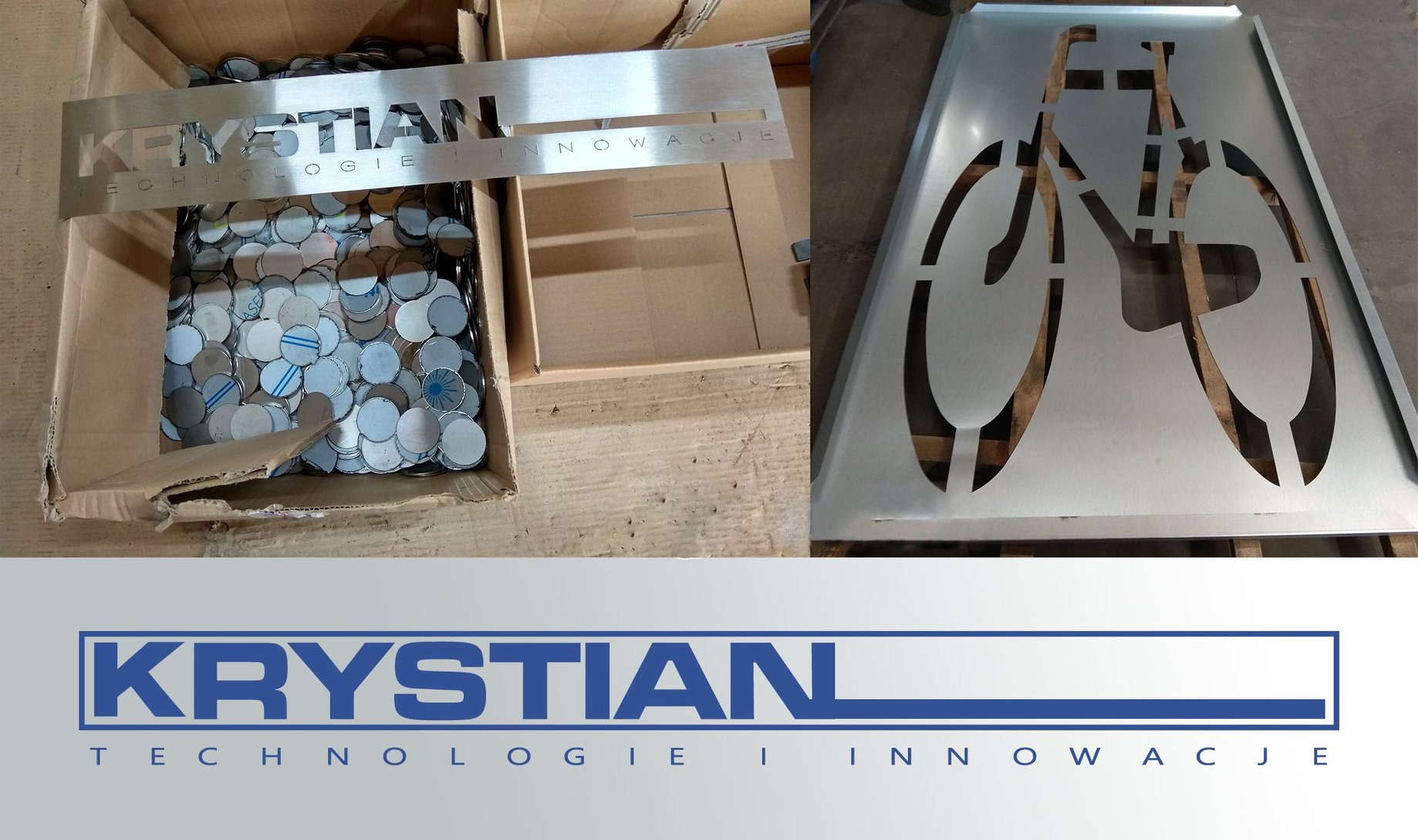 Metalowy szyld z wyciętym napisem 'KRYSTIAN TECHNOLOGIE I INNOWACJE' nad kartonem pełnym metalowych kółek oraz metalowa płyta z wyciętym wzorem roweru.