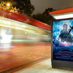 Przystanek autobusowy w Lesznowoli z podświetlonym plakatem reklamowym wydarzenia religijnego, na tle rozmytego ruchu ulicznego i świateł.