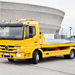 Żółty samochód pomocy drogowej Mercedes-Benz Atego z platformą załadunkową na parkingu, na tle stadionu we Wrocławiu.