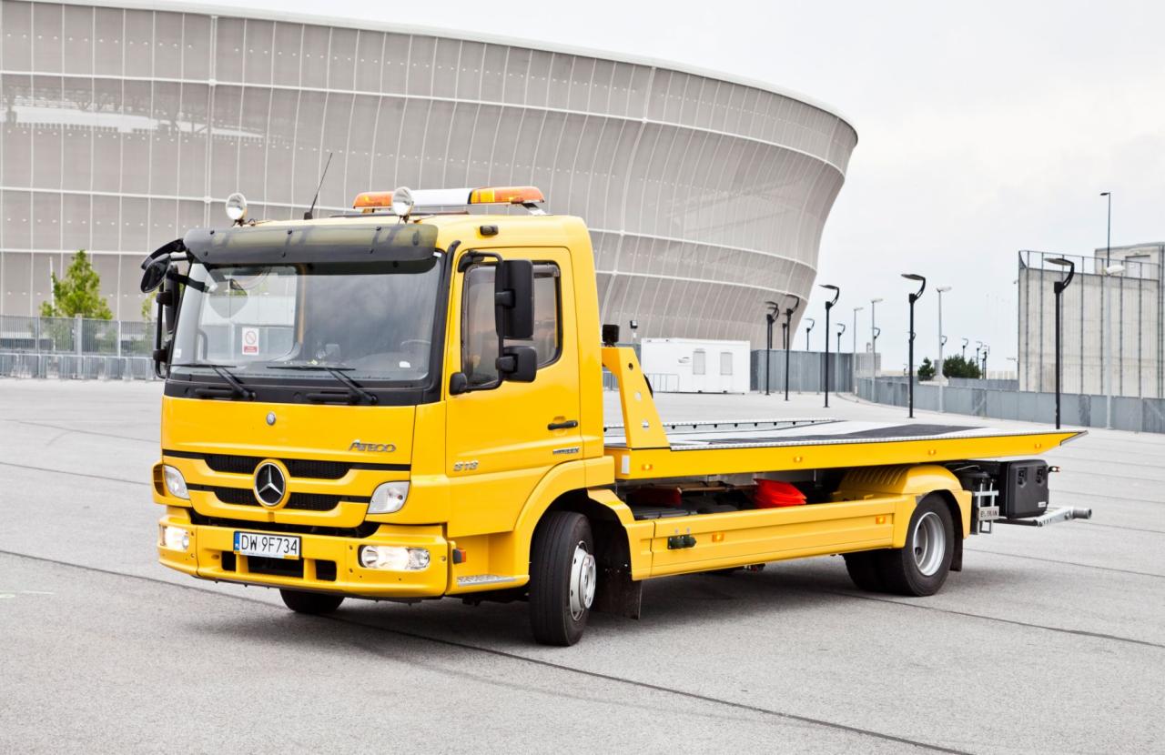 Żółty samochód pomocy drogowej Mercedes-Benz Atego z platformą załadunkową na parkingu, na tle stadionu we Wrocławiu.
