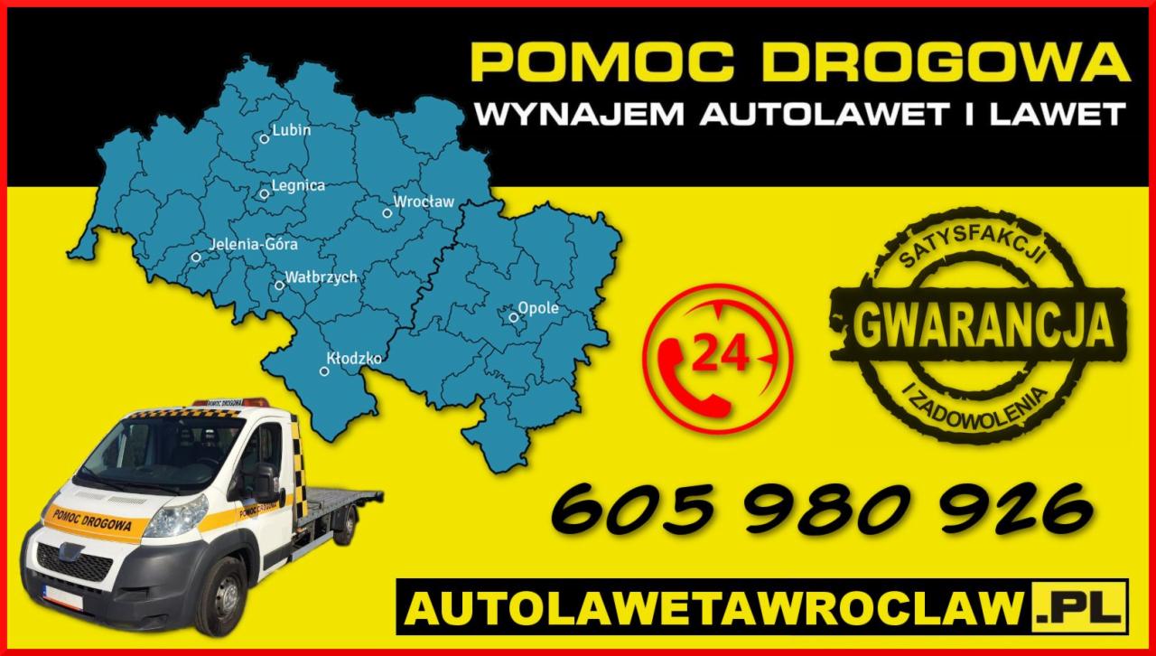 Grafika reklamowa z mapą Dolnego Śląska, numerem telefonu, adresem strony internetowej i zdjęciem autolawety z napisem 'Pomoc Drogowa'.