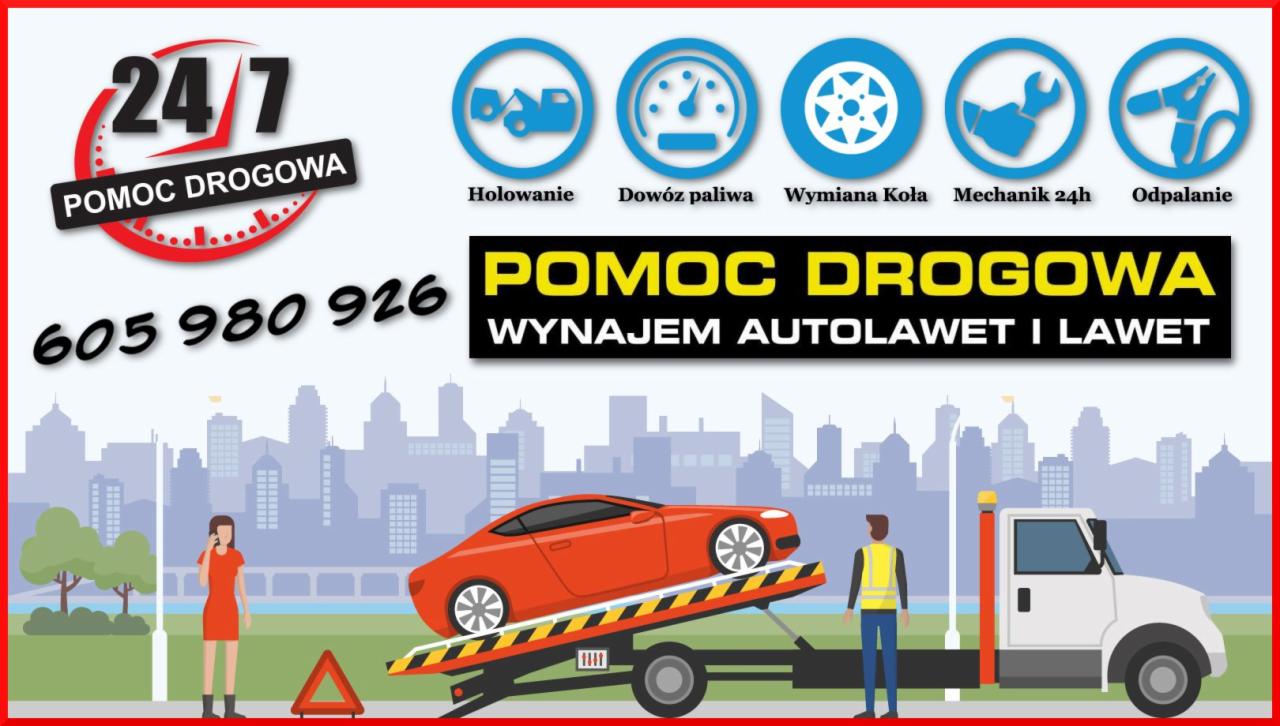 Ilustracja graficzna: Pomoc drogowa 24/7, wynajem autolawet i lawet, holowanie, dowóz paliwa, wymiana koła, mechanik 24h, odpalanie, samochód sportowy na lawecie, numer telefonu