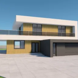 Dwukondygnacyjny dom z garażem w stylu modernistycznym, z elewacją z paneli drewnianych i białego tynku, balkon z szklaną balustradą, podjazd wyłożony płytami.