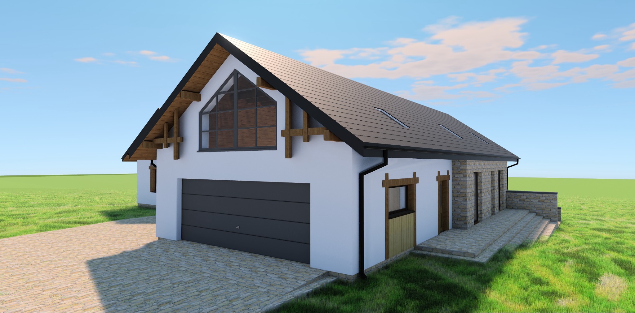 Wizualizacja domu jednorodzinnego z garażem, biała elewacja z elementami kamiennymi i drewnianymi, dach dwuspadowy z oknami połaciowymi, otoczenie trawnik i kostka brukowa.