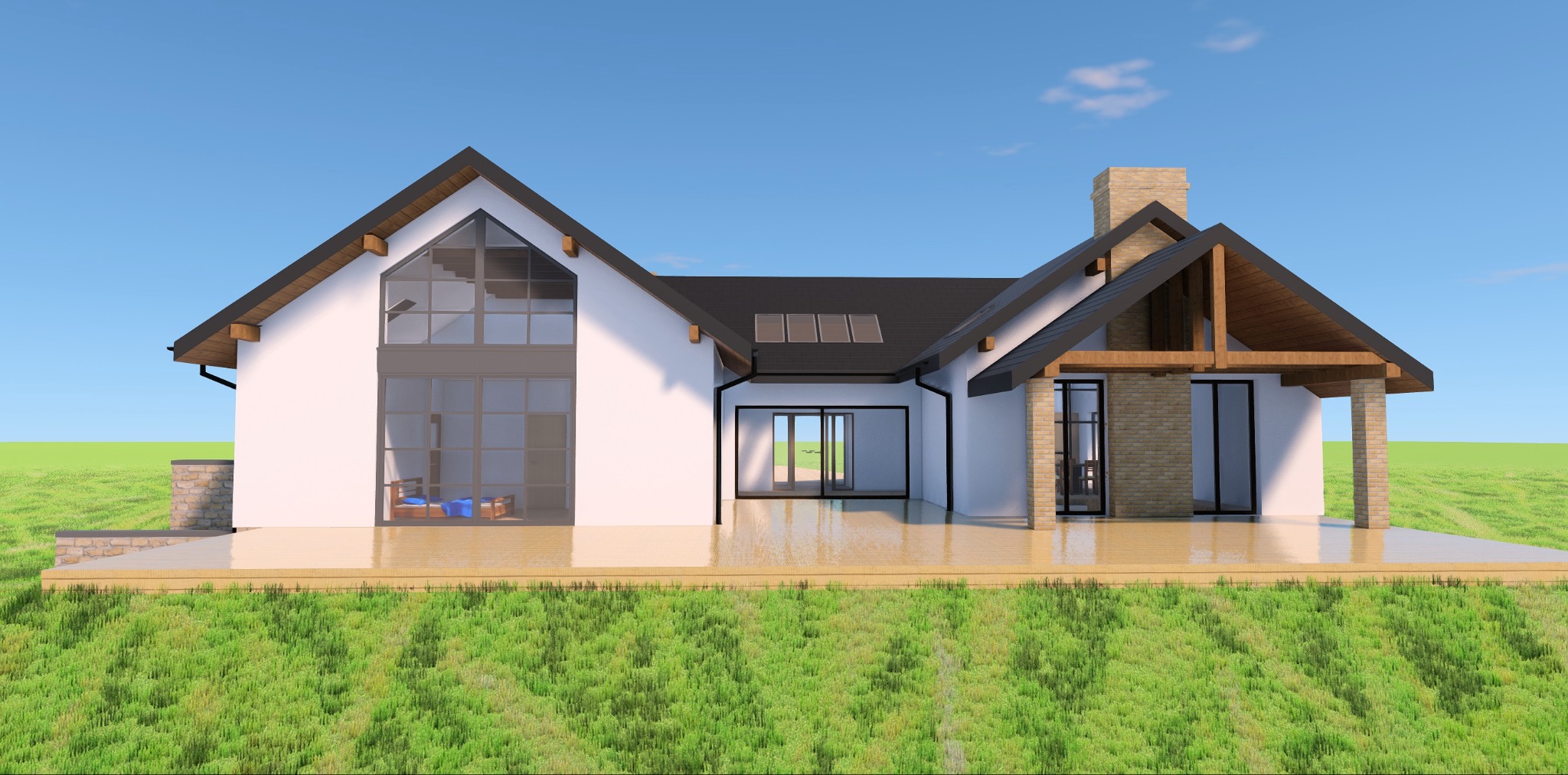 Wizualizacja domu jednorodzinnego z białymi ścianami, czarnym dachem i drewnianym tarasem, z widoczną dużą szklaną ścianą i kominem z cegły, na tle zielonej trawy i błękitnego nieba.