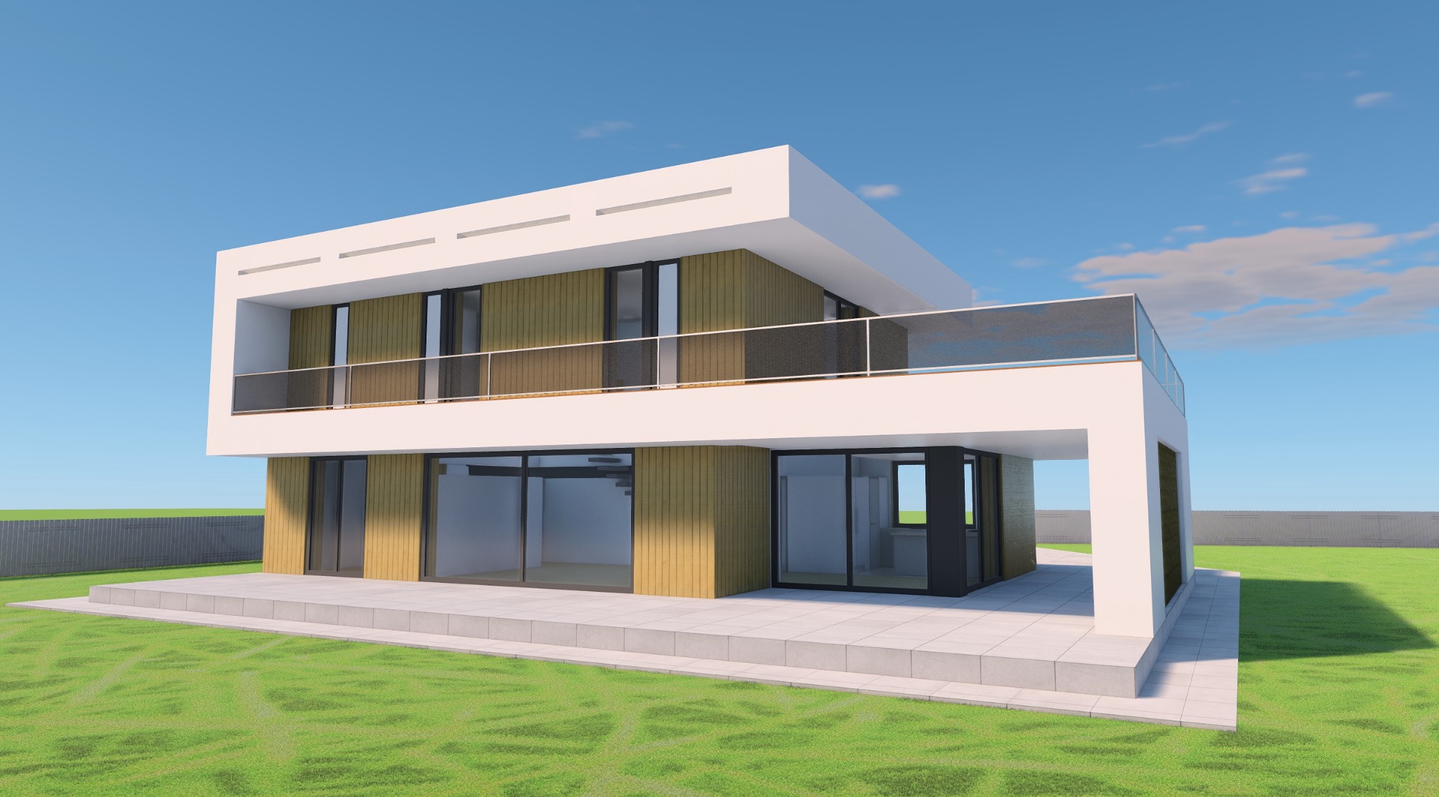 Wizualizacja dwukondygnacyjnego domu w stylu nowoczesnej kostki z balkonem, z elewacją z paneli drewnopodobnych, na tle zielonego trawnika i błękitnego nieba.