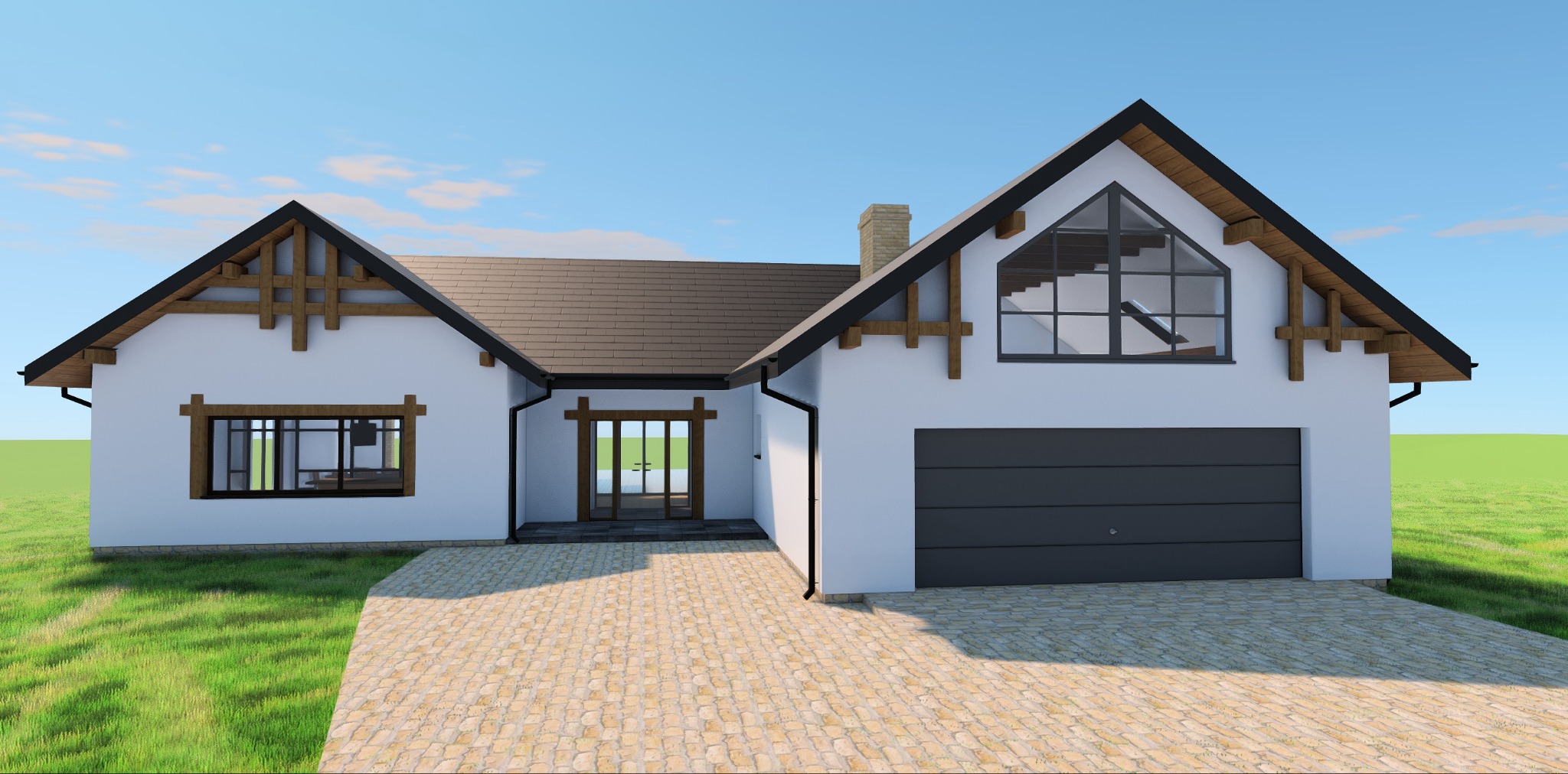 Wizualizacja domu jednorodzinnego z garażem, białe ściany, ciemna dachówka, okna z drewnianymi ramami, podjazd z kostki brukowej.