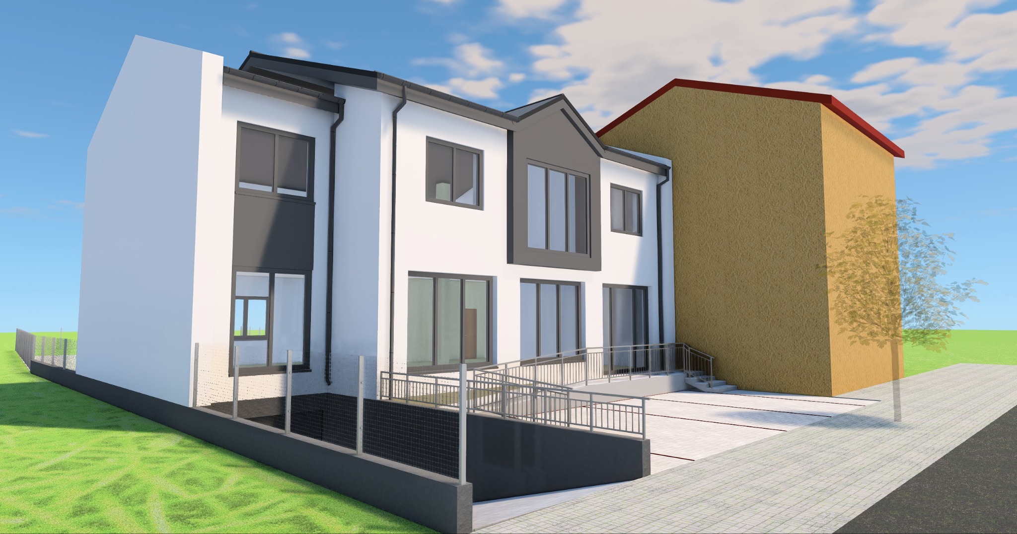 Wizualizacja dwukondygnacyjnego domu z białymi ścianami i szarymi akcentami, z niskim ogrodzeniem i podjazdem w Pułtusku, prezentująca projekt architektoniczny.