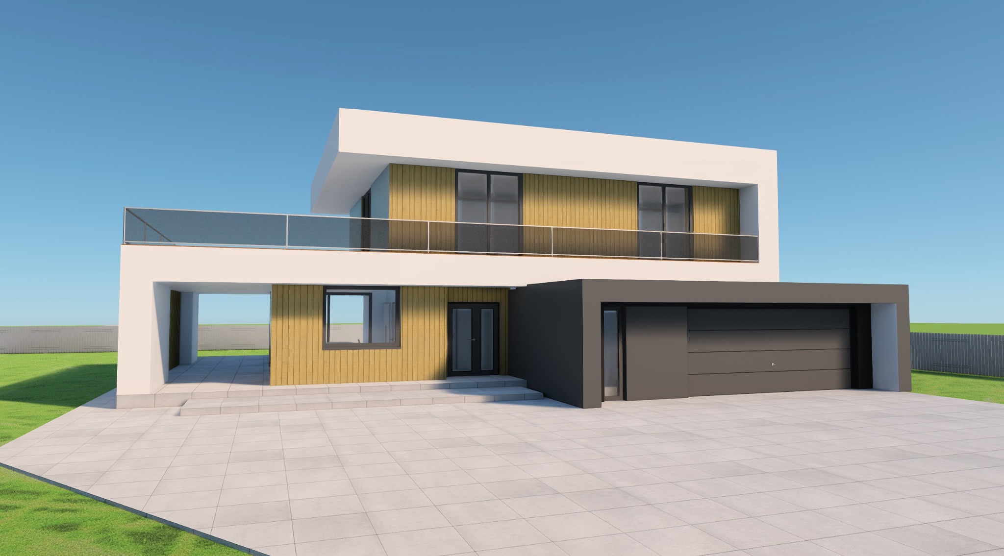 Dwukondygnacyjny dom z garażem w stylu modernistycznym, z elewacją z paneli drewnianych i białego tynku, balkon z szklaną balustradą, podjazd wyłożony płytami.