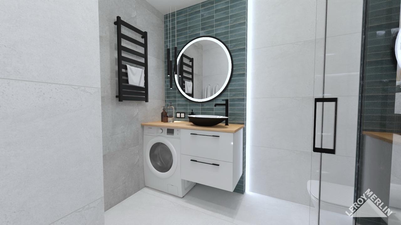 Wizualizacja nowoczesnej łazienki z pralką w zabudowie, okrągłym lustrem z podświetleniem LED, czarną armaturą i grzejnikiem drabinkowym.