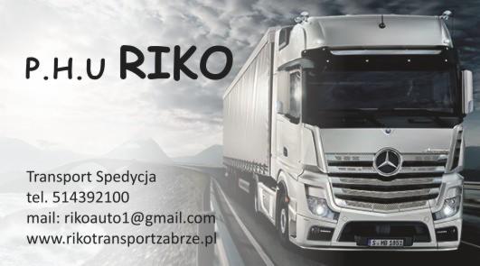 Wizytówka firmy transportowej P.H.U RIKO z Zabrze, prezentująca zdjęcie ciężarówki Mercedes-Benz na tle górskiego krajobrazu i danych kontaktowych.