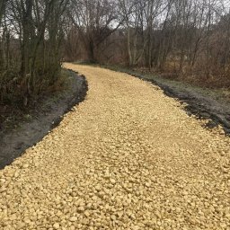 Wilk-trans Maciej Wilk - Nowo utwardzona, kręta ścieżka z jasnych kamieni w naturalnym otoczeniu leśnym, widoczne błotniste obrzeża.