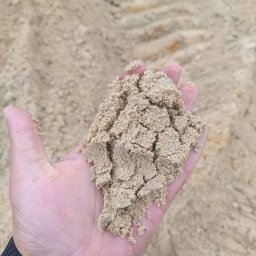 Wilk-trans Maciej Wilk - Dłoń trzymająca wilgotny, gruboziarnisty piasek w tle z widocznymi śladami opon.