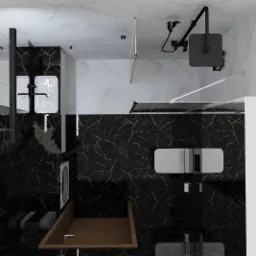 Wizualizacja łazienki z czarnymi marmurowymi płytkami z złotymi żyłami, kabiną prysznicową typu walk-in, podwójną umywalką nablatową, drewnianym blatem i dużym lustrem.