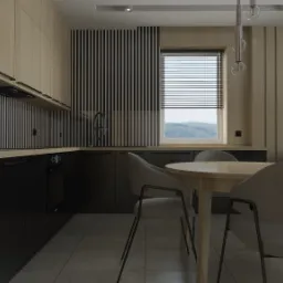 Wizualizacja wnętrza kuchni z czarnymi szafkami, drewnianymi elementami i okrągłym stołem z krzesłami, widok na krajobraz za oknem.