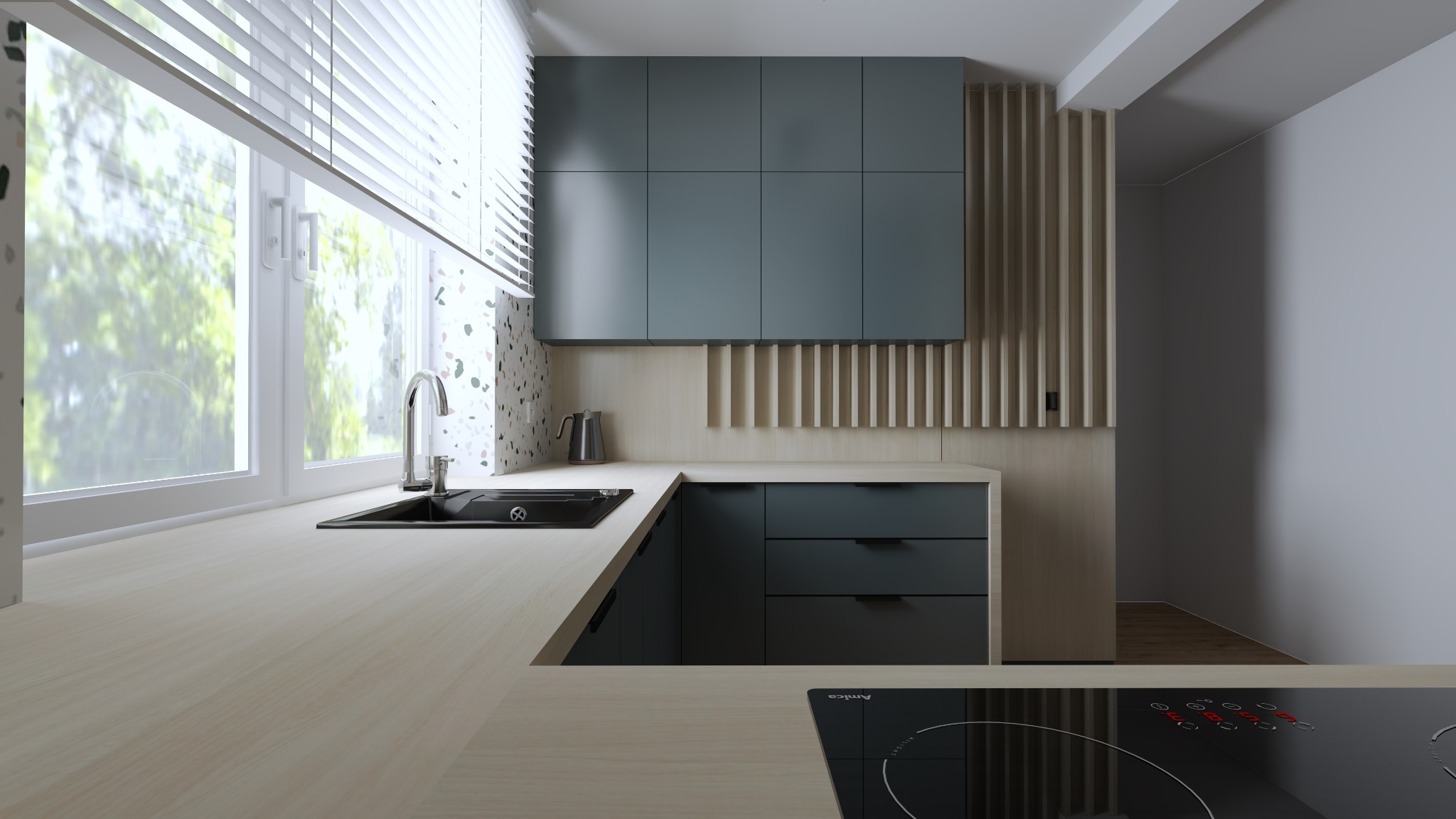 Nowoczesna kuchnia z szarymi szafkami, drewnianym blatem i dekoracyjną ścianą z pionowych listew. Widoczne okno z żaluzjami i bateria kuchenna.