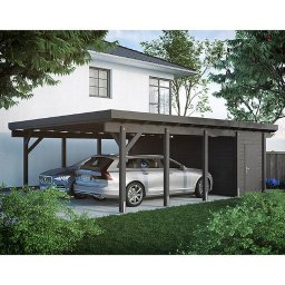 Carport Expert - Nowoczesna, ciemnoszara pergola drewniana z zamykanym schowkiem, chroniąca dwa samochody na tle białego domu z ogrodem.