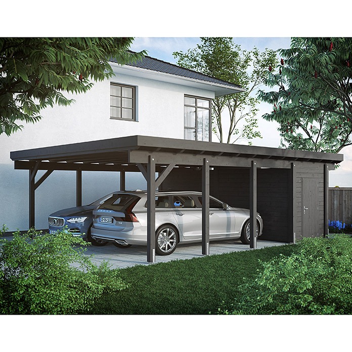 Nowoczesna, ciemnoszara pergola drewniana z zamykanym schowkiem, chroniąca dwa samochody na tle białego domu z ogrodem.