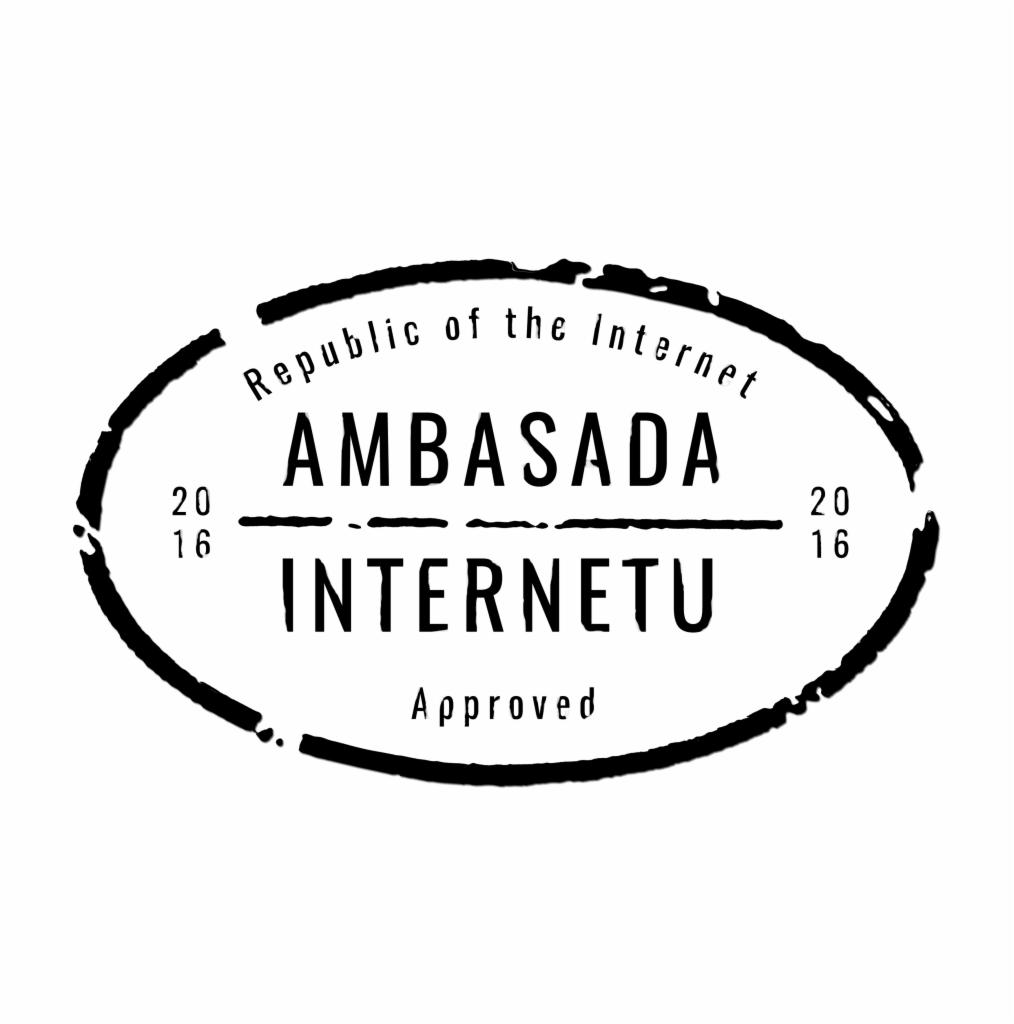Czarno-biały stempel z napisem 'Republic of the Internet AMBASADA INTERNETU Approved' i datami '20 16' po bokach, w owalnej ramce.