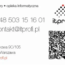 Wizytówka firmy ITprofi z numerem telefonu, adresem email, adresem siedziby i kodem QR.