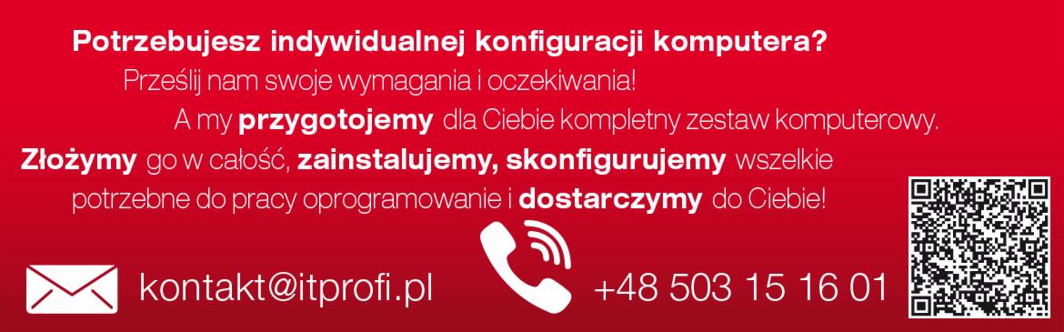 Czerwone tło z białym tekstem oferującym indywidualną konfigurację komputera, instalację oprogramowania i dostawę, wraz z adresem email, numerem telefonu i kodem QR.
