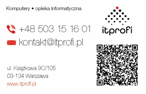 Wizytówka firmy ITprofi z numerem telefonu, adresem email, adresem siedziby i kodem QR.