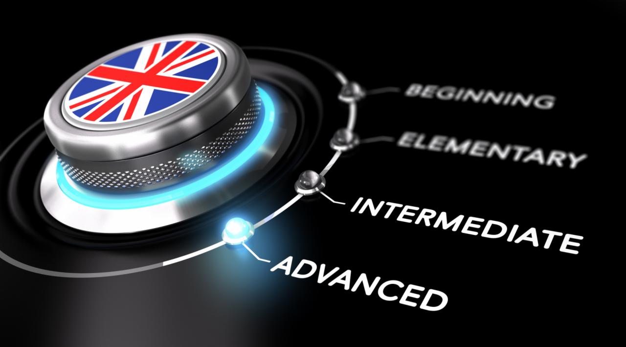 Poziomy nauki angielskiego: pokrętło z flagą Wielkiej Brytanii wskazujące na poziom zaawansowany, z podświetlonymi poziomami: początkujący, podstawowy, średniozaawansowany.