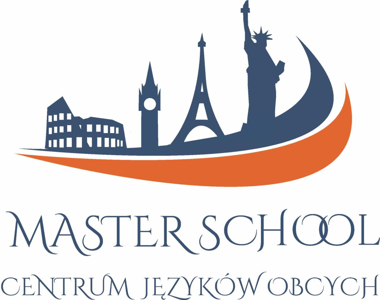 Logo szkoły językowej Master School z sylwetkami budynków z różnych państw: polskiej kamienicy, Big Bena, Wieży Eiffla i Statuy Wolności na pomarańczowym tle.
