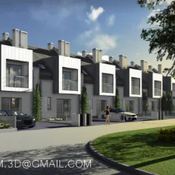 Wizualizacja szeregu nowoczesnych domów z balkonami, z dwoma samochodami zaparkowanymi przed nimi, z widoczną osobą na chodniku i drzewem po prawej stronie.